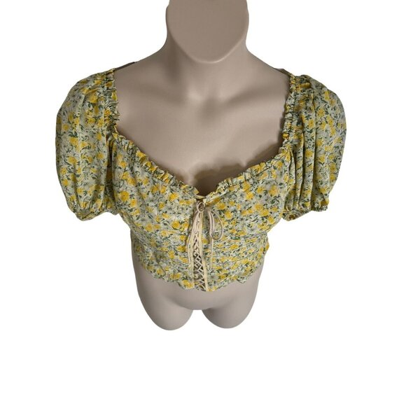ASTR Womens Floral Smocked Top Medium Yellow Puff Sleeve Cropped Boning NWT - Picture 5 of 12